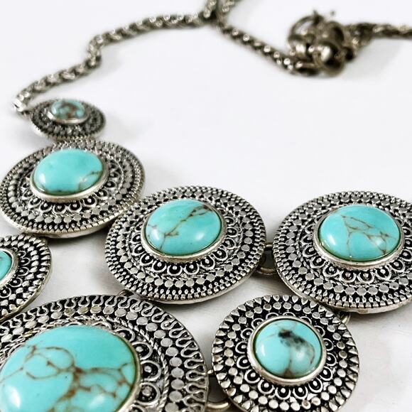 Lucky Brand Turquoise Silver Statement Bib Necklace - Picture 5 of 7